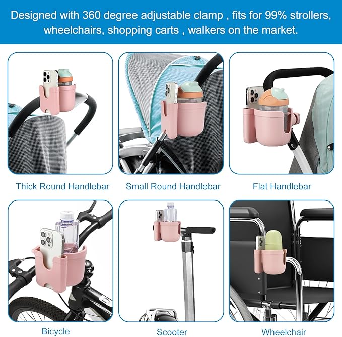 Accmor Stroller Cup Holder with Phone Holder, Bike Cup Holder, Universal Cup Holder for Uppababy Nuna Doona Strollers, 2-in-1 Cup Phone Holder for Stroller, Bike, Wheelchair, Walker, Scooter-BubblyBeeBaby