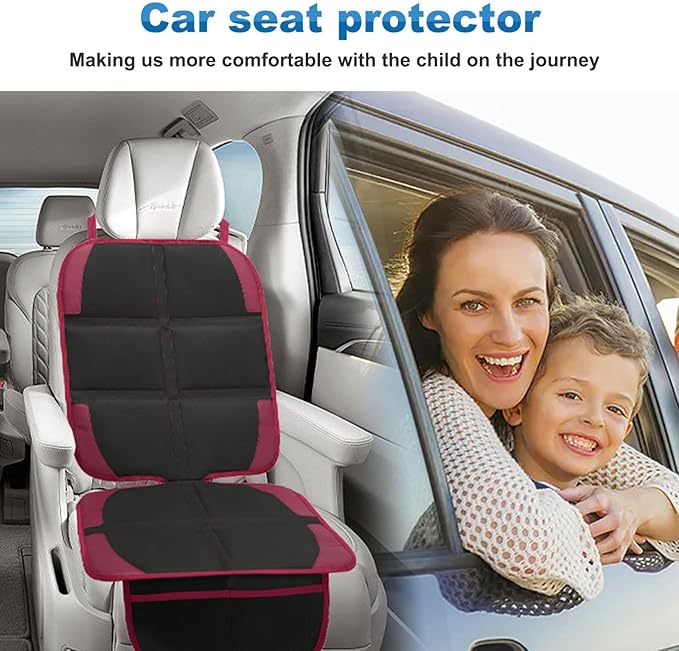 Car Seat Protector for Child, 2 Pack With Mesh Pockets & Non-Slip Backing 600D Durable Under Baby Seat Cover for Back Seat (Burgundy, Standard)-BubblyBeeBaby