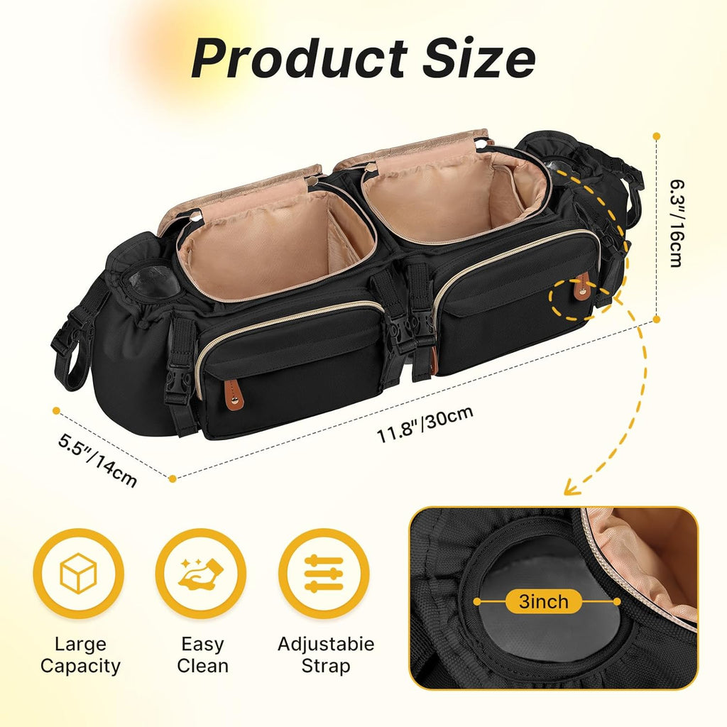 Double Stroller Organizer for Bob Duallie and Baby Jogger City Mini GT2, Double Stroller Caddy Organizers with Cup Holder and 2 Cooler Pockets Parent Console Double Stroller Accessories