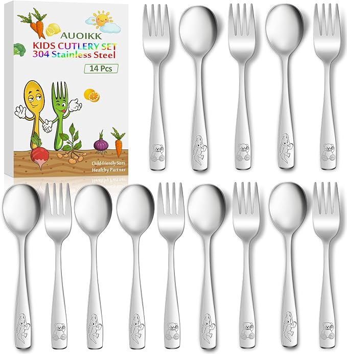 14-Piece Toddler Flatware, Kids Utensils Stainless Steel Cutlery Set, Children Safe Spoons and Forks with Ergonomic Handle, Easy to use and Dishwasher Safe (Crocodile and Bear)-BubblyBeeBaby
