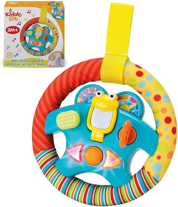 KiddoLab Steering Wheel Toy with Music,Lights,Sounds & Flip Up Mirror - Crib & Stroller Toys with Soft Fabric and Velcro Tap for Easy Attachment. Car Seat Toys for Babies and Toddlers. Ages 3 Months+-BubblyBeeBaby