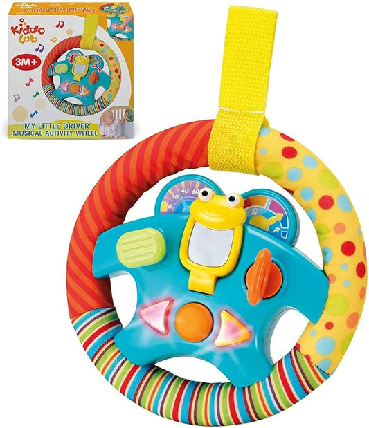KiddoLab Steering Wheel Toy with Music,Lights,Sounds & Flip Up Mirror - Crib & Stroller Toys with Soft Fabric and Velcro Tap for Easy Attachment. Car Seat Toys for Babies and Toddlers. Ages 3 Months+-BubblyBeeBaby