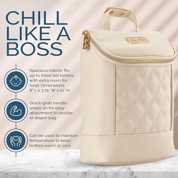 Itzy Ritzy Insulated Bottle Bag – Keeps Bottles Warm or Cool - Holds 3 Bottles & Features Interior Pocket for Ice Pack (Not Included), Milk & Honey-BubblyBeeBaby