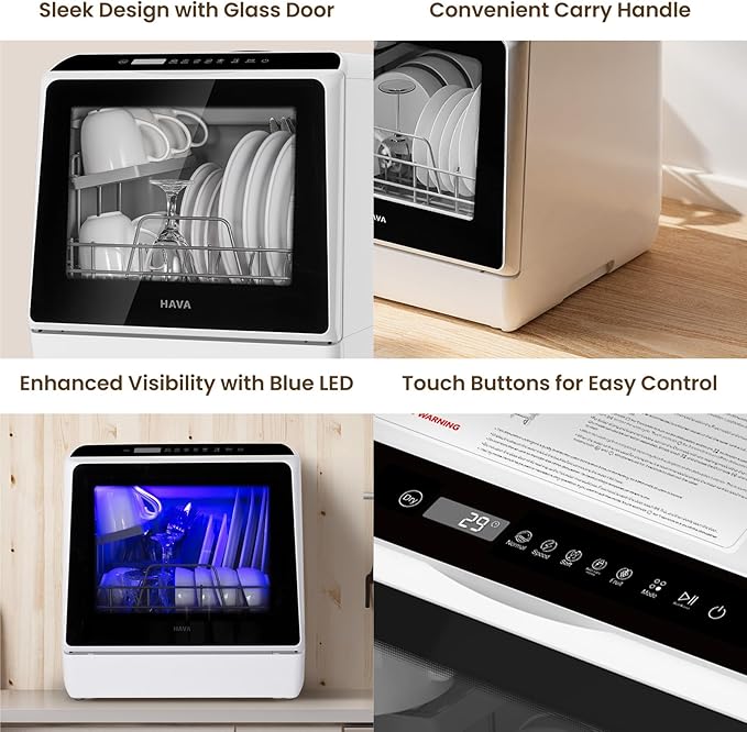 HAVA Countertop Dishwasher, 6 Programs Portable Dishwashers with 5L Built-in Water Tank, No Hookup Needed, Baby Care & Air-Drying Function for Apartments and RVs-BubblyBeeBaby