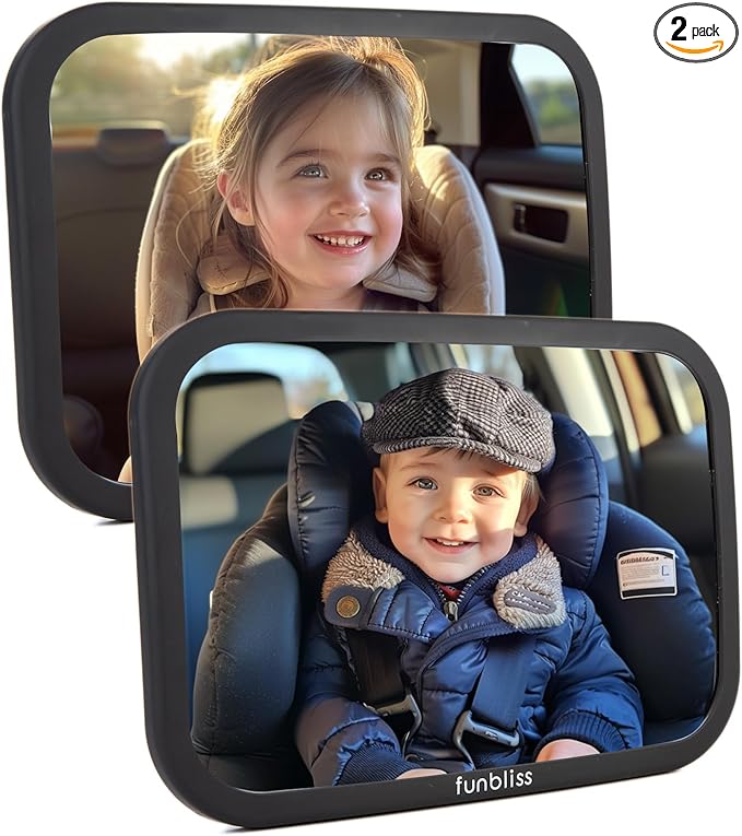 Funbliss 2-Pack Baby Car Mirror - Shake-Proof & Shatterproof, 360° Adjustable Angle, Clear Wide View for Rear-Facing Infants, Easy Install, Perfect Baby Travel Gear & Carseat Accessories-BubblyBeeBaby