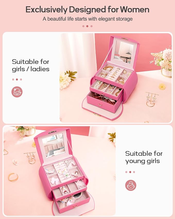 Homde Girls Jewelry Box Jewelry Storage Case Organizer with Mirror for Rings, Earrings, Bracelets, Necklaces (Pink + Gold)-BubblyBeeBaby