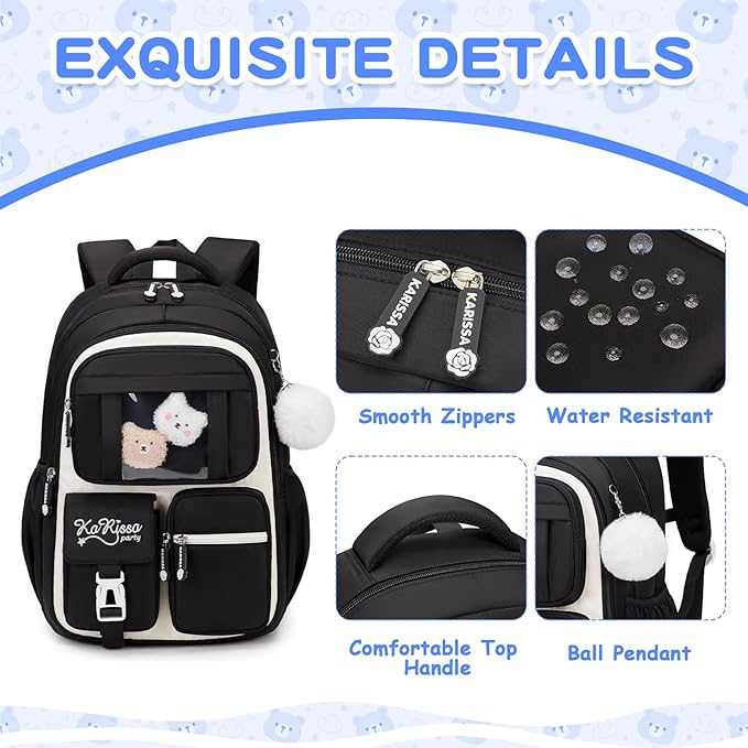 Kids Backpack for Girls - School Bags for Middle School Students - Book Bag for Elementary Primary - Kawaii Ita Backpack - Black and Beige-BubblyBeeBaby