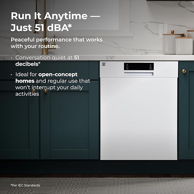 Kenmore 24" Built-in Stainless Steel Tub Dishwasher SmartWash, UltraWash, SmartDry Plus, MoreSpace Adjustable Rack and Leak Detect, Energy Star Certified, White-BubblyBeeBaby