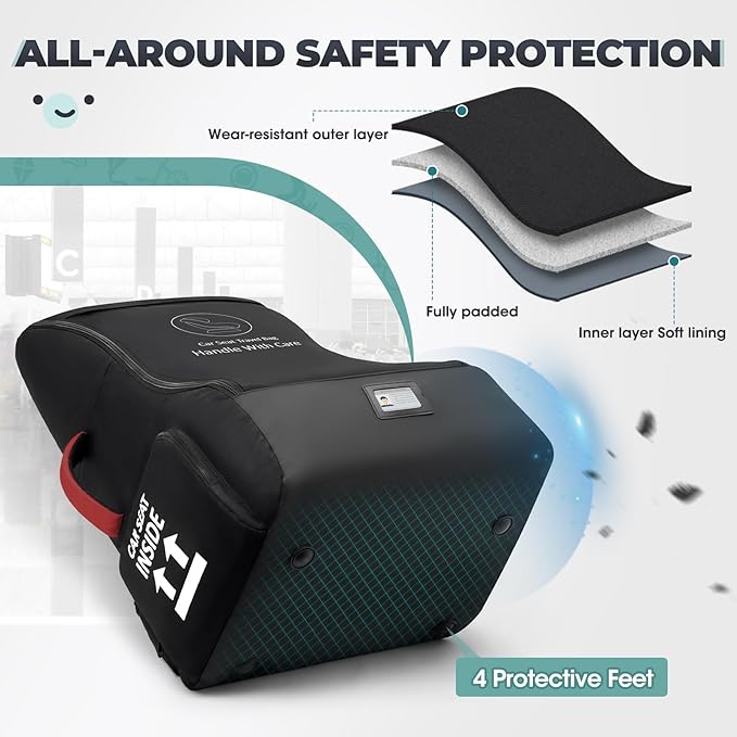 RAINSMORE Padded Car Seat Travel Bag for Airplane Heavy Duty Car Seat Backpack for Air Travel Baby Carseat Cover Bags for Airport Large Car Seats Carrier Fits Car Seats & Booster Seats, Black-BubblyBeeBaby