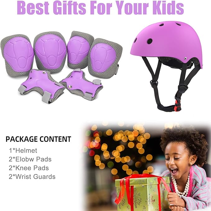 Kids Bike Helmet and Pads Set for Ages 2–14, CPSC Certified Adjustable Helmet with Knee Elbow Wrist Guards, for Skateboard, Scooter, Skating, Rollerblading, Multi-Sport Protective Gear-BubblyBeeBaby