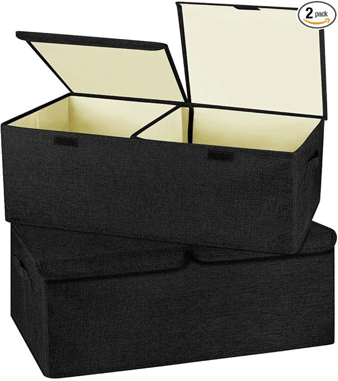 2 Pack Large Linen Fabric Collapsible Storage Bins with Lid and Handles, Washable Storage Box Baskets Cube with Removable Divider for Bedroom,Closet,Office,Living Room,Nursery (Black, Small)-BubblyBeeBaby
