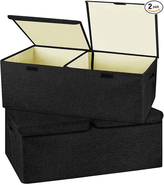 2 Pack Large Linen Fabric Collapsible Storage Bins with Lid and Handles, Washable Storage Box Baskets Cube with Removable Divider for Bedroom,Closet,Office,Living Room,Nursery (Black, Small)-BubblyBeeBaby