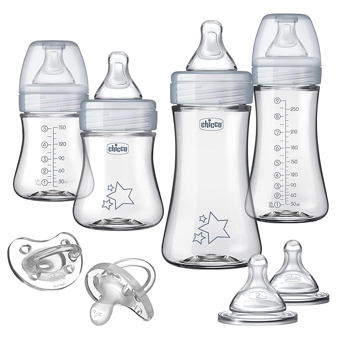 Chicco Duo Newborn Hybrid Baby Bottle Starter Gift Set with Invinci-Glass Inside and Plastic Outside | Dishwasher, Bottle Warmer, and Electric Sterilizer Safe | Intui-Latch Nipple | Clear/Grey-BubblyBeeBaby