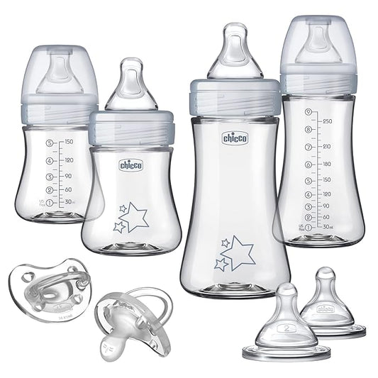 Chicco Duo Newborn Hybrid Baby Bottle Starter Gift Set with Invinci-Glass Inside and Plastic Outside | Dishwasher, Bottle Warmer, and Electric Sterilizer Safe | Intui-Latch Nipple | Clear/Grey-BubblyBeeBaby