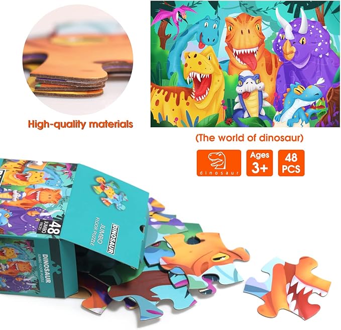 Jumbo Floor Puzzle for Kids Dinosaur Jigsaw Large Puzzles 48 Piece Ages 3-6 for Toddler Children Learning Preschool Educational Intellectual Development Toys 4-8 Years Old Easter Gift for Boy and Girl-BubblyBeeBaby