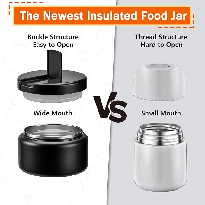13.5oz Kids Jar for Hot Food, Insulated Vacuum Food Jar with Buckle Lid, Stainless Steel Wide Mouth Leak Proof Insulated Lunch Container for School Picnic Travel, Black-BubblyBeeBaby