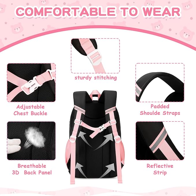 Kids Backpack for Girls School Bags for Middle School Students Book Bag for Elementary Primary Kawaii Ita Backpack, Black and Pink-BubblyBeeBaby