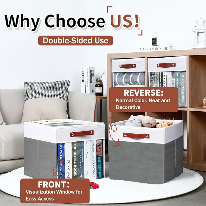 HNZIGE Fabric Cube Storage Bins - 4 Pack 13x15x13 Collapsible Storage Cubes for Organizing Shelves, Closet, Pantry - White, Gray-BubblyBeeBaby
