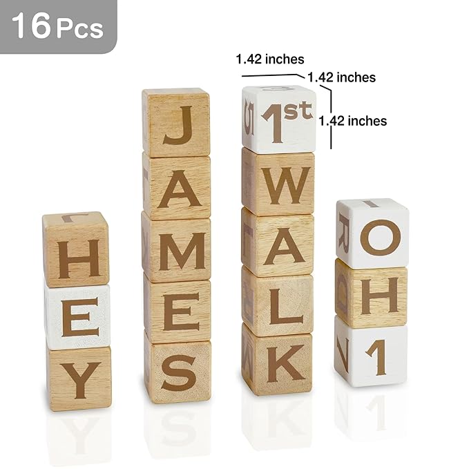 I'm Solid Wood Baby ABC Alphabet Milestone Age Blocks, Personalized Own Name, Gender Neutral, Newborn Gifts & Keepsakes for Picture Props (1.4" / 16 Pcs/Brown)-BubblyBeeBaby