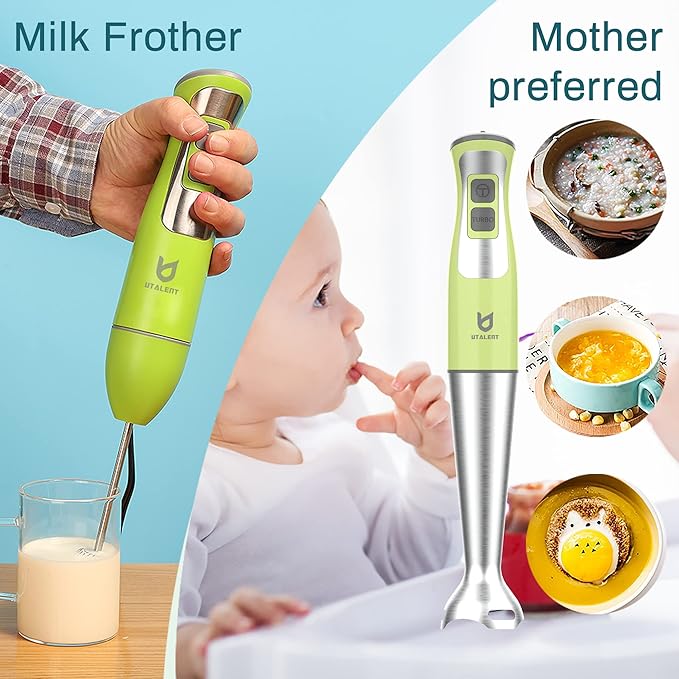 Immersion Hand Blender, UTALENT 3-in-1 8-Speed Stick Blender with Milk Frother, Egg Whisk for Coffee Milk Foam, Puree Baby Food, Smoothies, Sauces and Soups - Green-BubblyBeeBaby
