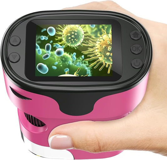 1000X Handheld Microscope for Kids 4K 2.0" Screen Rechargeable Mini Pocket Digital Microscopes w/Slides Kit Portable Edu Gift Age 4-6 8-12 Children Students (Pink)-BubblyBeeBaby