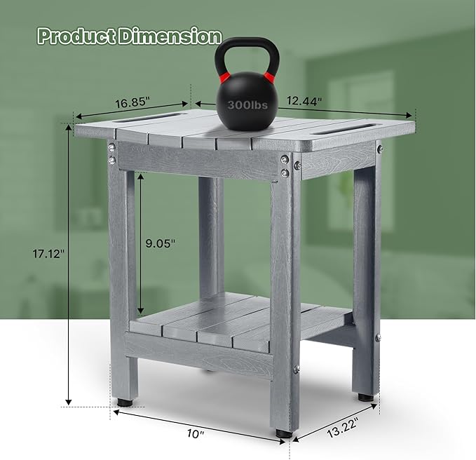 HDPE Shower Bench Seat Capacity 300LB, Waterproof Bathroom Stool with Side Carry Holes, Compact 16.8" L Design, Non-Slip Shower Seat for Elderly, Shaving Legs & Spa - Indoor/Outdoor Use (Gray)-BubblyBeeBaby