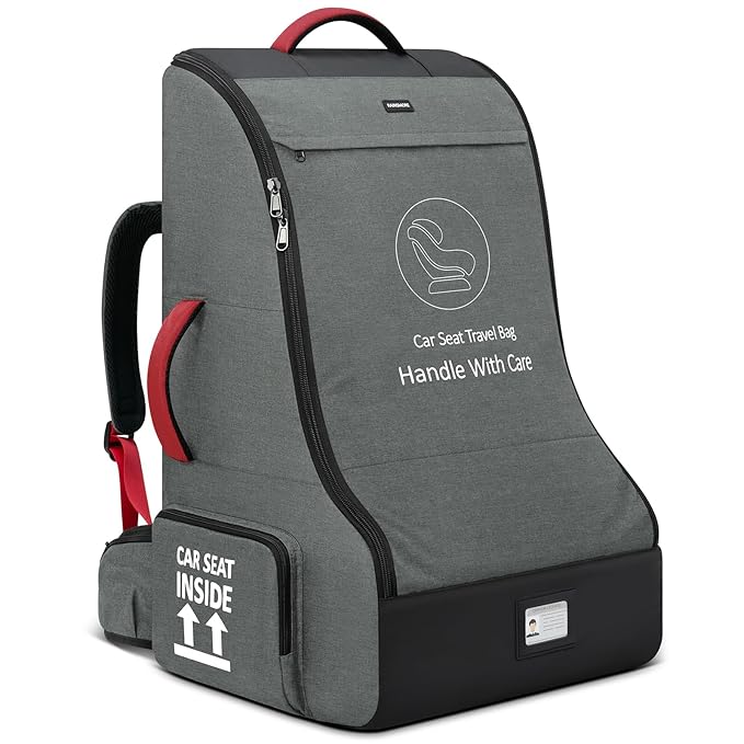 RAINSMORE Padded Car Seat Travel Bag for Airplane Heavy Duty Car Seat Backpack for Air Travel Baby Carseat Cover Bags for Airport Large Car Seats Carrier Fits Car Seats & Booster Seats,Gray-BubblyBeeBaby