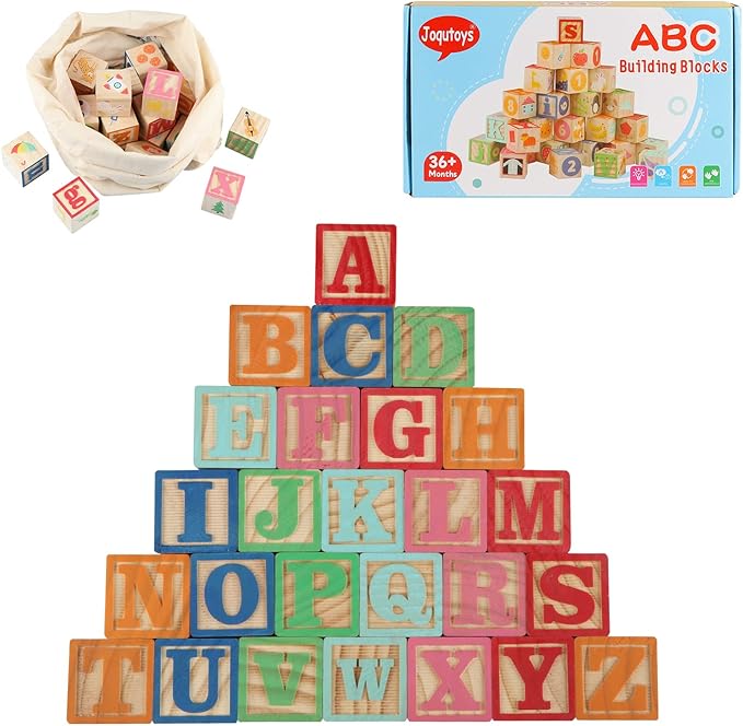 Joqutoys ABC Wooden Building Blocks for Toddlers 1-3 Large, 26 PCS Alphabet & Number Stacking Blocks, Educational Learning Toys for Boys Girls Kids Gifts 1.65''-BubblyBeeBaby