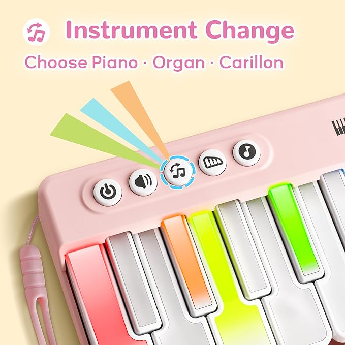 iPlay, iLearn Kids Mini Piano Toy W/Rainbow Lights, Portable Travel Piano Keyboard Toddlers Musical Instrument Learning Toys, Music Interactive Birthday Gift for 2 3 4 5 6 Year Old Girls Children-BubblyBeeBaby