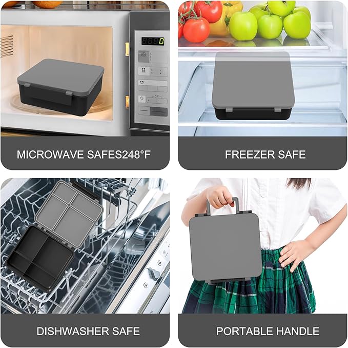 Kids Bento Lunch Box with 8oz Soup Thermo, Water Bottle, Kids Leakproof Lunch Food Containers with 4 Compartment, Insulated Hot Food Jar with Lunch Bag for School, Trvael (Black)-BubblyBeeBaby