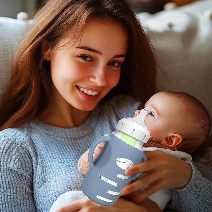 BUSOHA 3 Pack Silicone Sleeves for Dr Brown's Glass Baby Bottles - Drop Protection Baby Bottle Sleeves,Compatible with Dr. Brown's Newborn Glass Bottles,with Silicone Handles,9 oz-BubblyBeeBaby