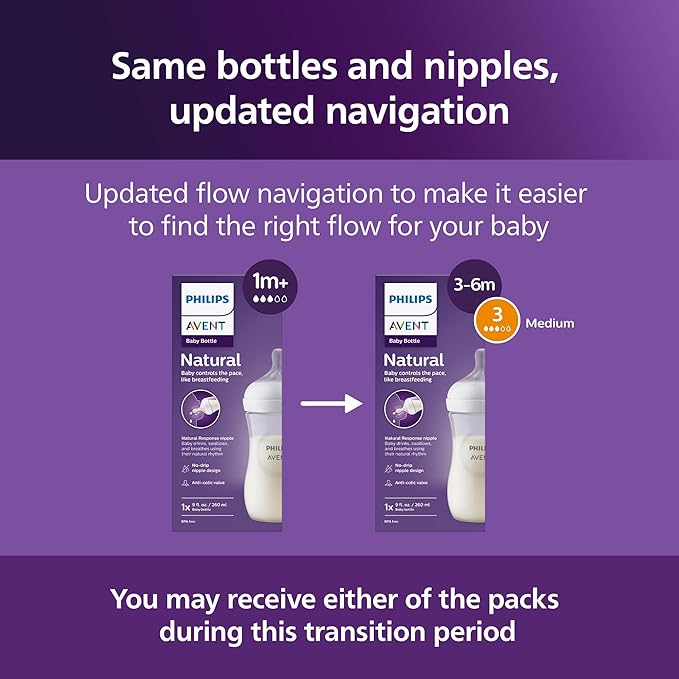 Philips Avent Natural Baby Bottles with Natural Response Nipples (Medium Flow, Flow 3), 9oz, Pink, 4-Pack, SCY903/14-BubblyBeeBaby