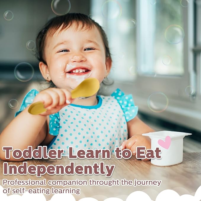 10 Pieces Baby Led Weaning Spoons and Forks Set Infant Silicone Spoon First Self Feed Baby training Utensils for Toddler First Stage Feeding Supplies for Kids Over 6 Months, 5 Pairs (Bright Colors)-BubblyBeeBaby