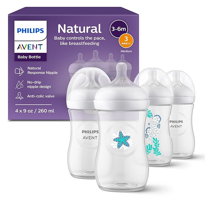 Philips Avent Natural Baby Bottles with Natural Response Nipples (Medium Flow, Flow 3), with Seahorse and Starfish Design, 9oz, 4-Pack, SCY903/68-BubblyBeeBaby