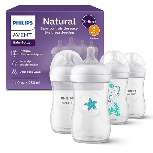 Philips Avent Natural Baby Bottles with Natural Response Nipples (Medium Flow, Flow 3), with Seahorse and Starfish Design, 9oz, 4-Pack, SCY903/68-BubblyBeeBaby