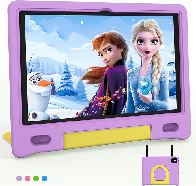 JREN Kids Table 10.1" ｜Android 14 Tablet for Kids｜64GB Storage｜Octa-Core｜WiFi ｜Cameras｜Parental Control｜Kids Content｜Case Included Great Gift for Children Ages 3-12 Years Old Purple-BubblyBeeBaby