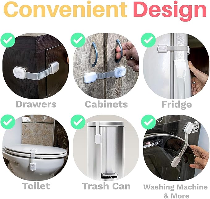 Inaya 12-Pack Child Proof Locks for Cabinet Doors, Drawers, Fridge, Toilet Seat, Dishwasher, Trash Can, Cupboard - 3M Adhesive - No Drilling - Baby Proofing Cabinet Locks-BubblyBeeBaby