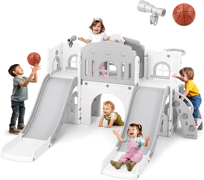 JOYLDIAS 9 in 1 Toddler Slide, Toddler Playground with Double Slides, Climber,Basketball Hoop,Tunnel, Telescope, Storage Space and Non-Slip Step, Indoor Outdoor Backyard Playset for Toddlers Age 1-3+-BubblyBeeBaby