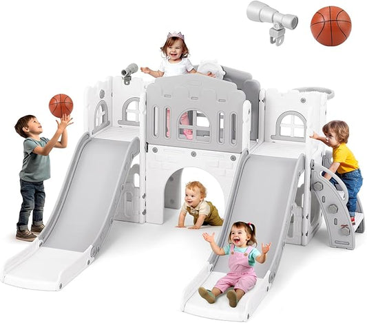 JOYLDIAS 9 in 1 Toddler Slide, Toddler Playground with Double Slides, Climber,Basketball Hoop,Tunnel, Telescope, Storage Space and Non-Slip Step, Indoor Outdoor Backyard Playset for Toddlers Age 1-3+-BubblyBeeBaby