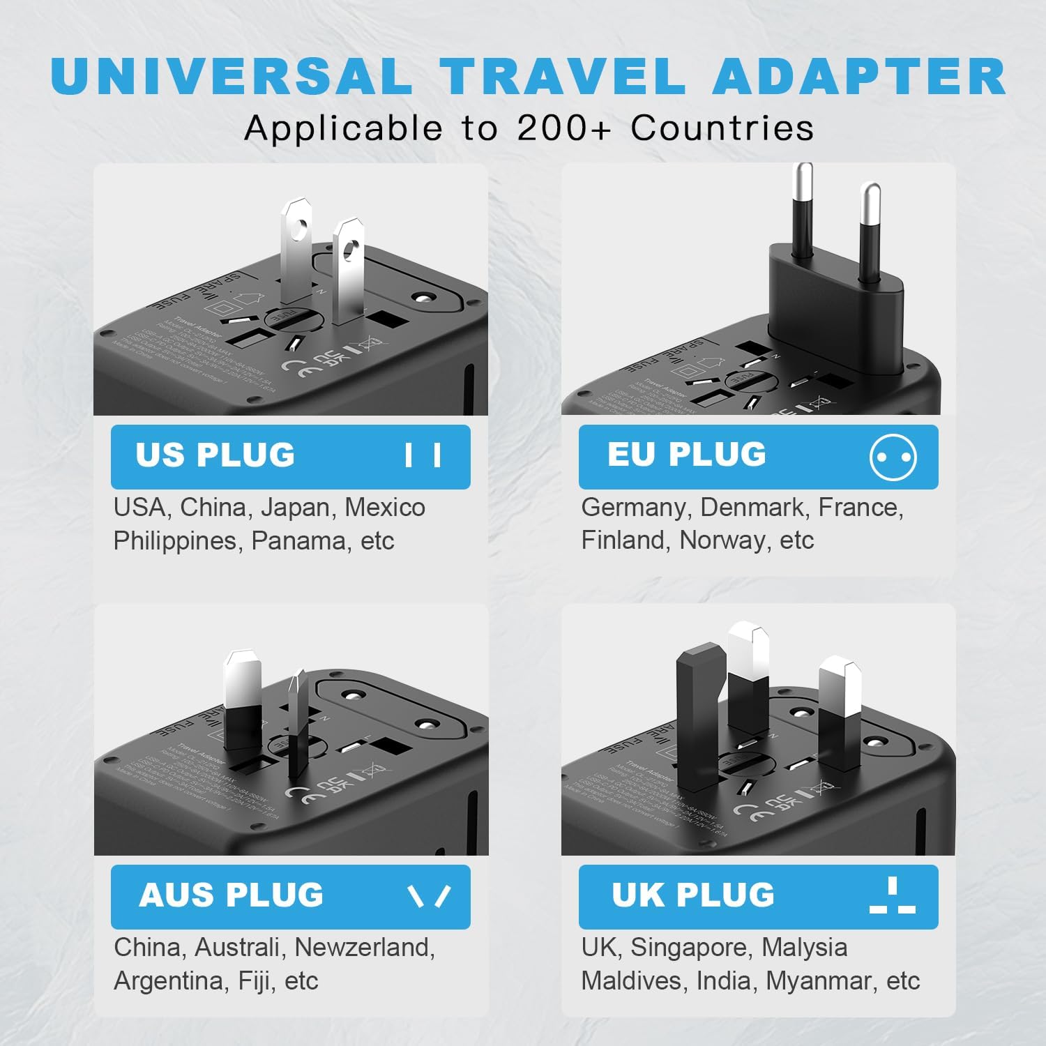 Universal Travel Adapter, GaN 45W International Power Adapter, 3 USB-C & 1 USB-A Fast Charging Travel Charger, All in One Worldwide Travel Plug Adapter, Outlet Adapter for Europe UK USA AU