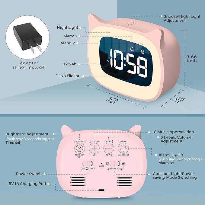 Kids Alarm Clock with Night Light & 18 Ringtones,Rechargeable,Cute Cat Ear Clock for Boys Girls Birthday Presents,Digital Clock for Children's Bedroom(Pink)-BubblyBeeBaby