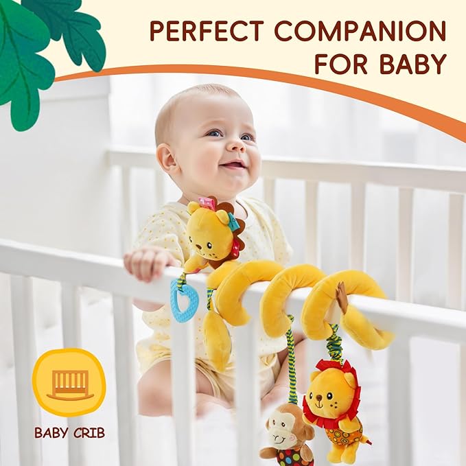 Jollybaby Crib Stroller Car Seat Toys for Baby 0-3-6-9-12 Months, Tummy Time Hanging Sensory Toys for Newborn with Music Box and Teether, Spiral Carseat Toy for Infant Boys Girls Gifts (Little Lion)-BubblyBeeBaby