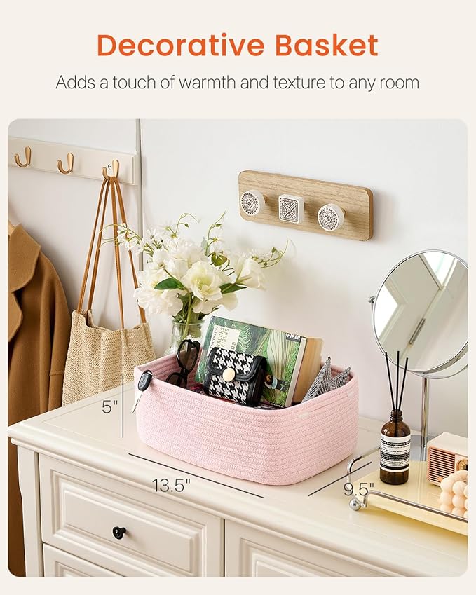 KALLAX Small Woven Basket, 13.5 x 9.5 x 5 Inches, Storage Basket for Organizing, Cute Small Rope Shelf Closet Cube Storage Bins Baskets for Shelves, Dog Toy Gift Baskets Empty, 3 Pack Light Pink-BubblyBeeBaby