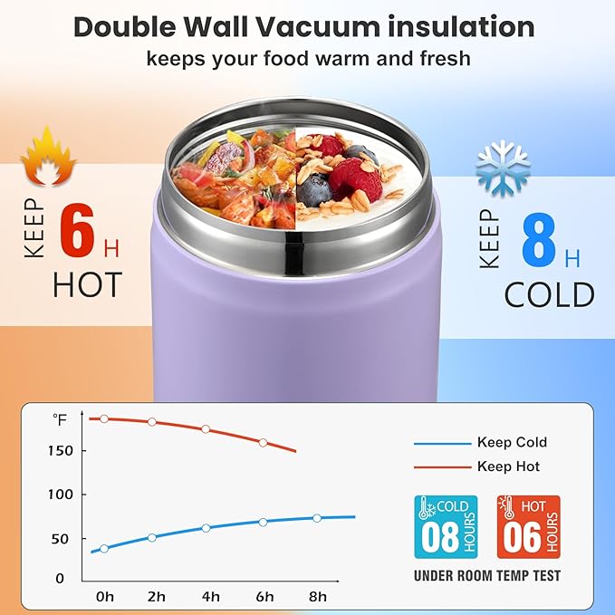 17oz Soup Thermo for Hot Food Kids,Insulated Food Jar with Spoon,Thermo Hot Food Lunch Container,Wide Mouth Leakproof Stainless Steel Lunch Box for School-Purple-BubblyBeeBaby