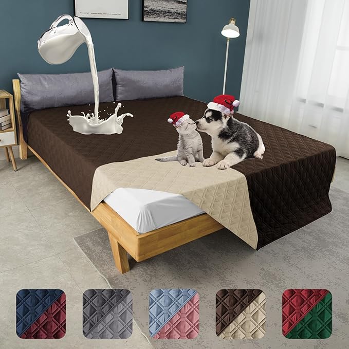 100% Waterproof Dog Bed Cover 86x82 inch Reversible Reusable Camping Mat for Kids/Pet/Dog/Cat Washable Geometric Embroidery Blanket Patchwork Brown+Beige-BubblyBeeBaby