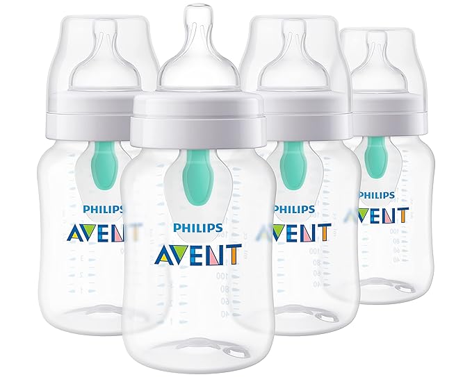 Philips Avent Anti-Colic Baby Bottle with AirFree Vent, 9oz, with Flow 2 Nipples, 1m+, 4pk, Clear, SCY703/04-BubblyBeeBaby