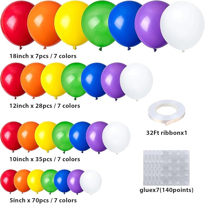 140pcs Rainbow Balloon Arch Kit, Rainbow Balloons of Different Sizes Pack of 18 12 10 5 Inch Party Balloon Kit for Birthday Party or Balloon Arch as Graduation Wedding Baby Shower Party Decorations-BubblyBeeBaby