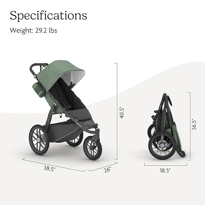 UPPAbaby Ridge Jogging Stroller/Durable Performance Jogger with Never-Flat Tires/Built for Walking, Running, Hiking/Water Bottle Holder & Basket Cover Included/Gwen (Green Mélange/Carbon Frame)-BubblyBeeBaby