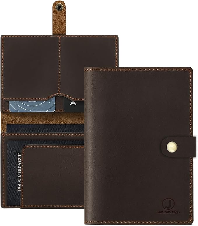 Jack&Chris Genuine Leather Passport Holder For Travel, RFID Blocking Handmade Passport Holder with Card Case Organized & Safe, Quality Travel Essentials for Women and Men for Gifting, Coffee-BubblyBeeBaby