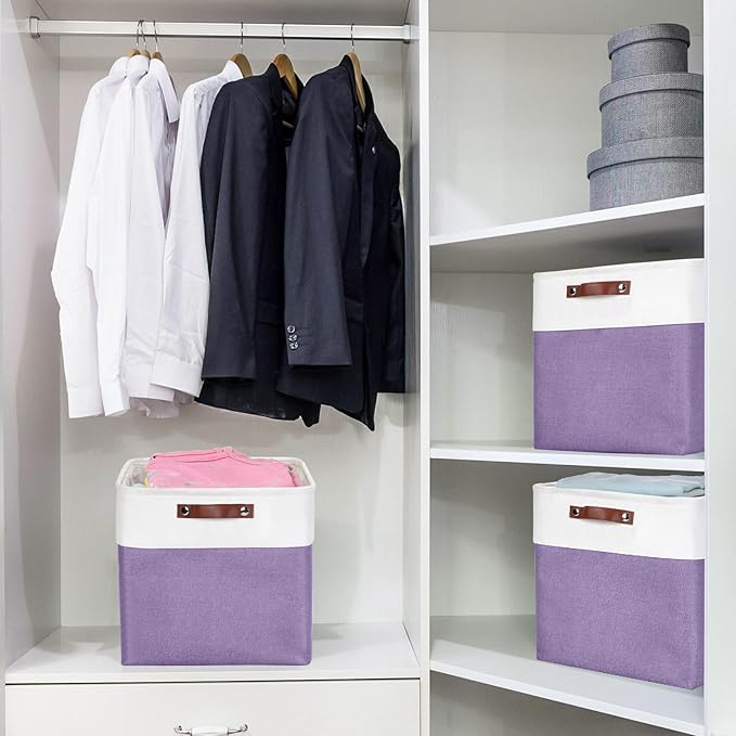 13x13 Cube Storage Bins, Collapsible Fabric Storage Box, 4 Pack Closet Baskets with Handles for Organizing, Shelf, Toys, Clothes, Home, Office, Nursery (Purple&White)-BubblyBeeBaby